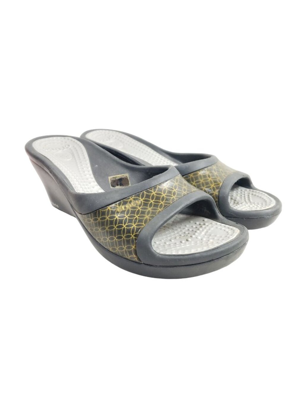 Crocs Womens Size 10 Black & Gold Wedge Slide Sandals Open-Toe